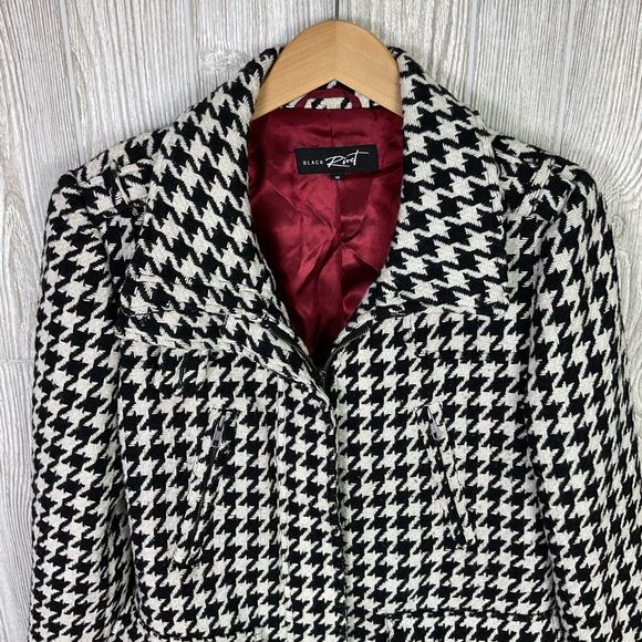 Black Rivet Houndstooth Wool Blend Coat Zip Front Black White Womens Medium - Picture 2 of 13